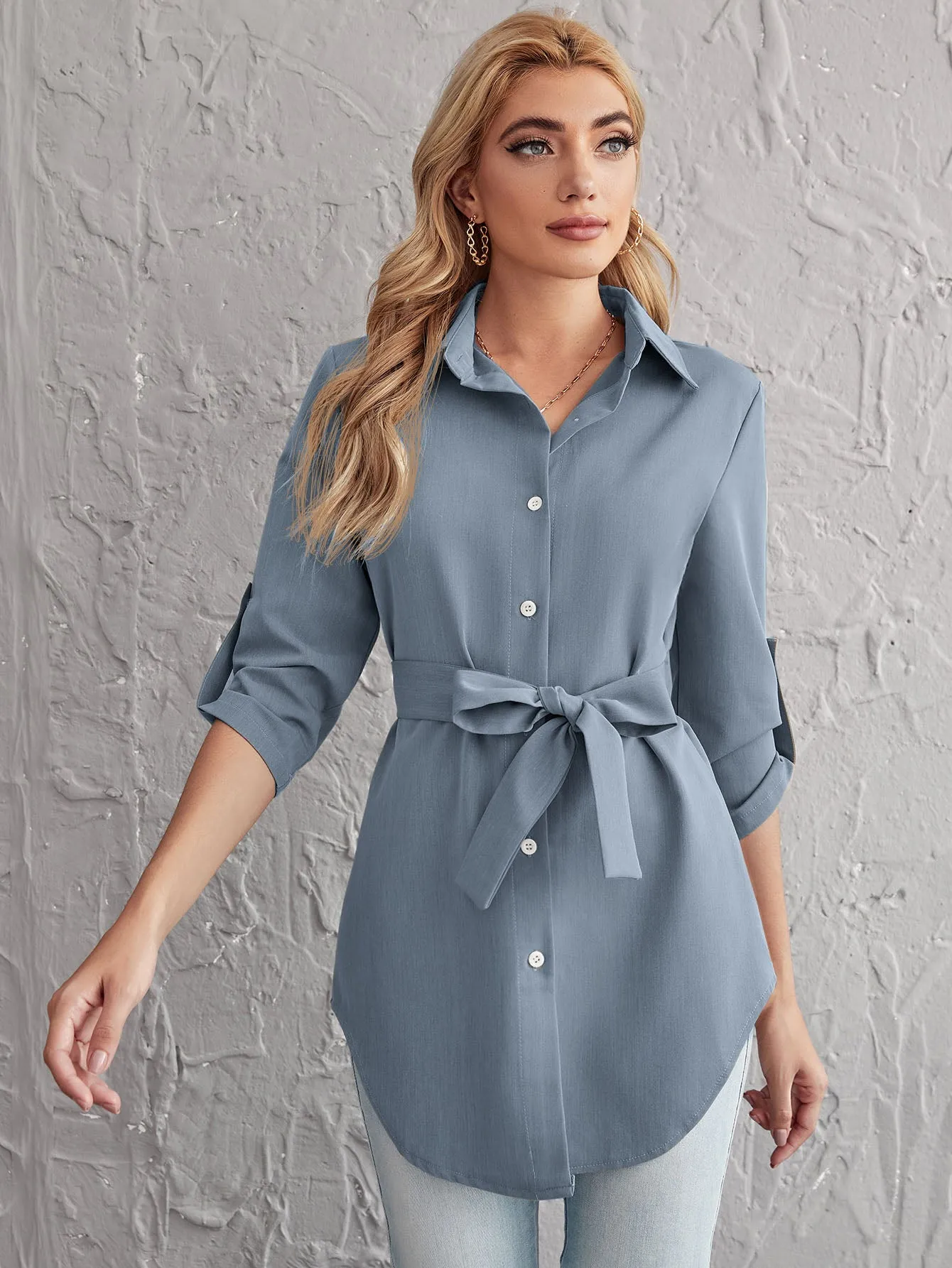 Rolled Tab Sleeve Self Belted Blouse