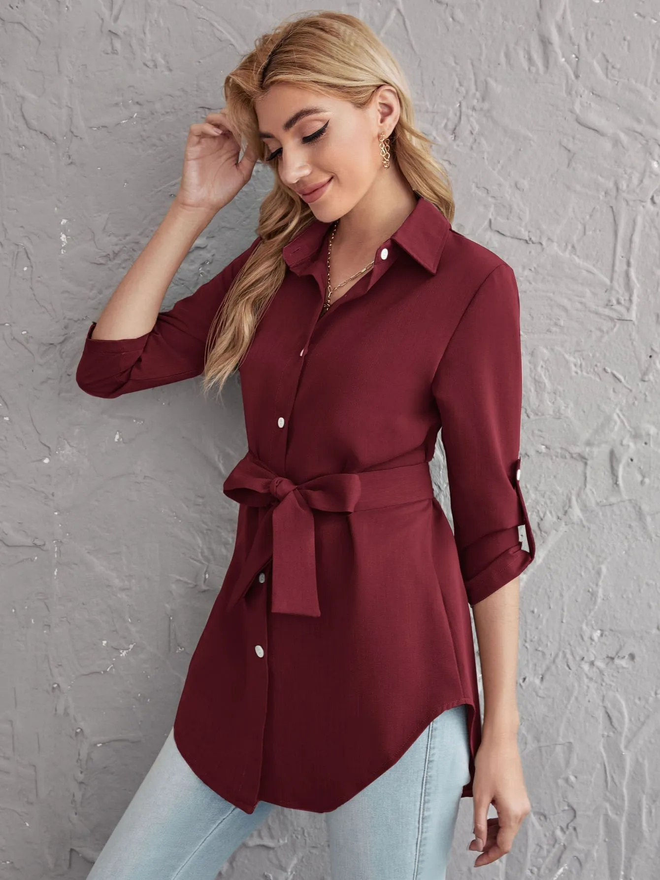 Rolled Tab Sleeve Self Belted Blouse
