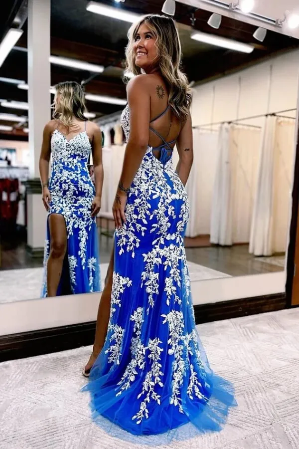 Royal Blue Tulle Mermaid Backless Prom Dresses With Lace Appliques, MP975