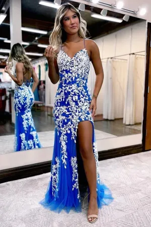 Royal Blue Tulle Mermaid Backless Prom Dresses With Lace Appliques, MP975