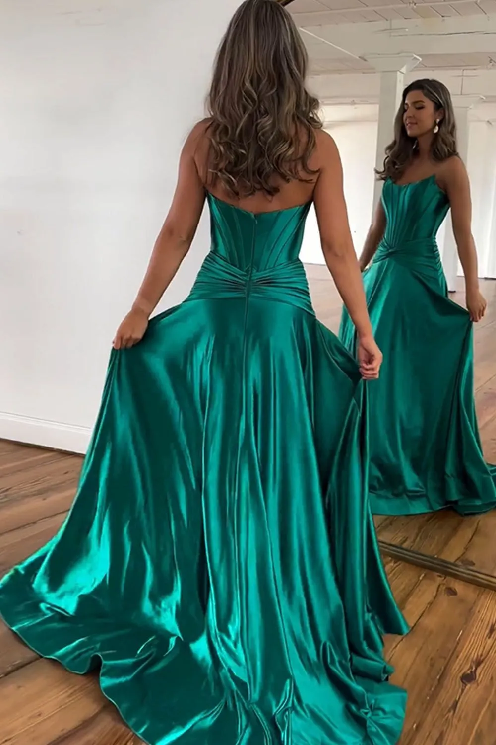 Roycebridal Annette | Green A-Line Strapless Zipper Back Long Satin Prom Dress With Split