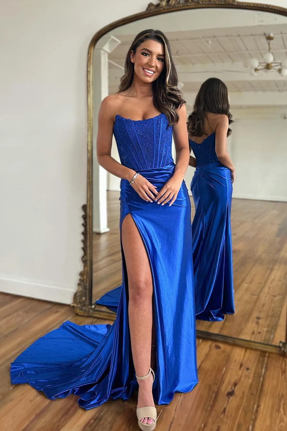Roycebridal Arielle |Sheath Strapless Corset Satin Prom Dress with Slit