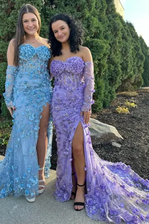 Roycebridal Dayana | 3D Floral Lace Strapless Long Prom Dress with Detachable Sleeves
