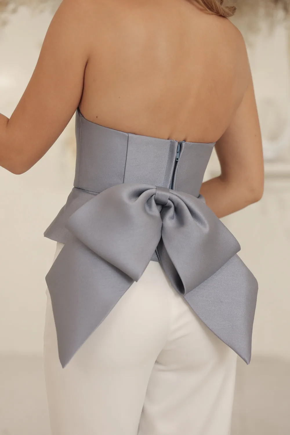 RUBY TOP Strapless Curved Neckline Peplum Top with Bow Back (Dusty Blue Gazaar)