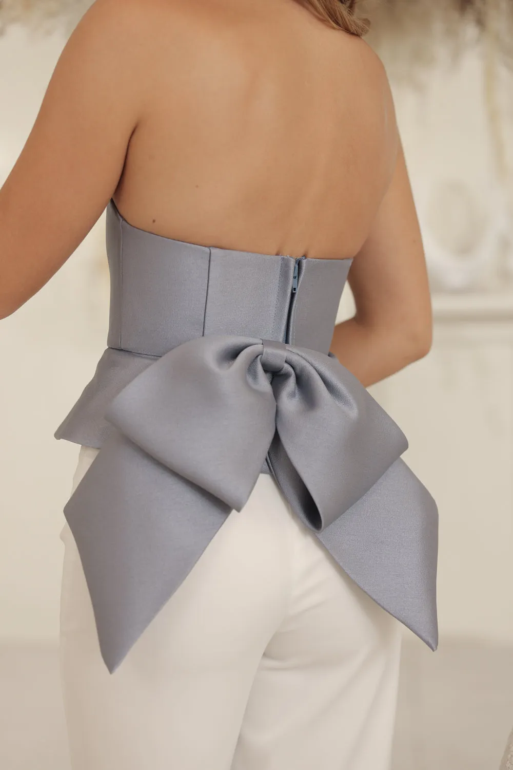 RUBY TOP Strapless Curved Neckline Peplum Top with Bow Back (Dusty Blue Gazaar)