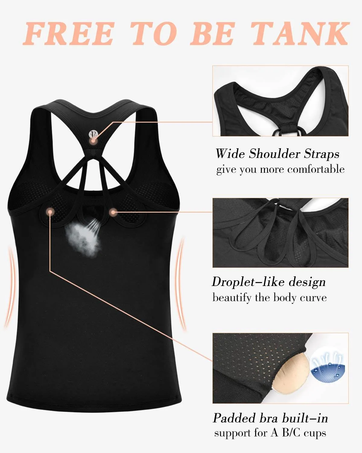 RUNNING GIRL Workout Tops for Women,Strappy Back Black Top with Built in Bras Camisole Yoga Crop Tank Tops Padded(BX2356 Black.CN:L,US:M)