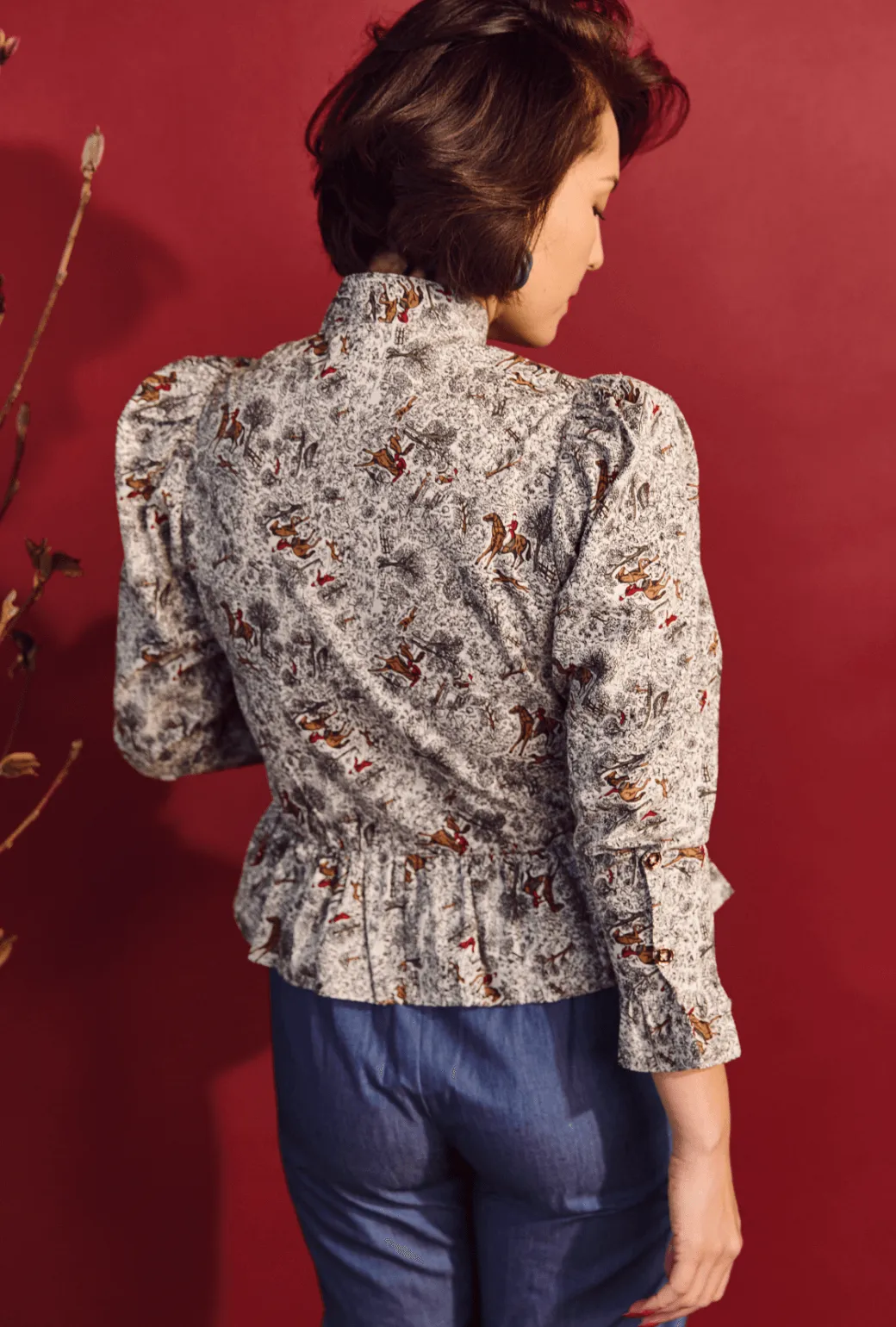 SAMPLE Peplum Puff Sleeve Button Down - Horses