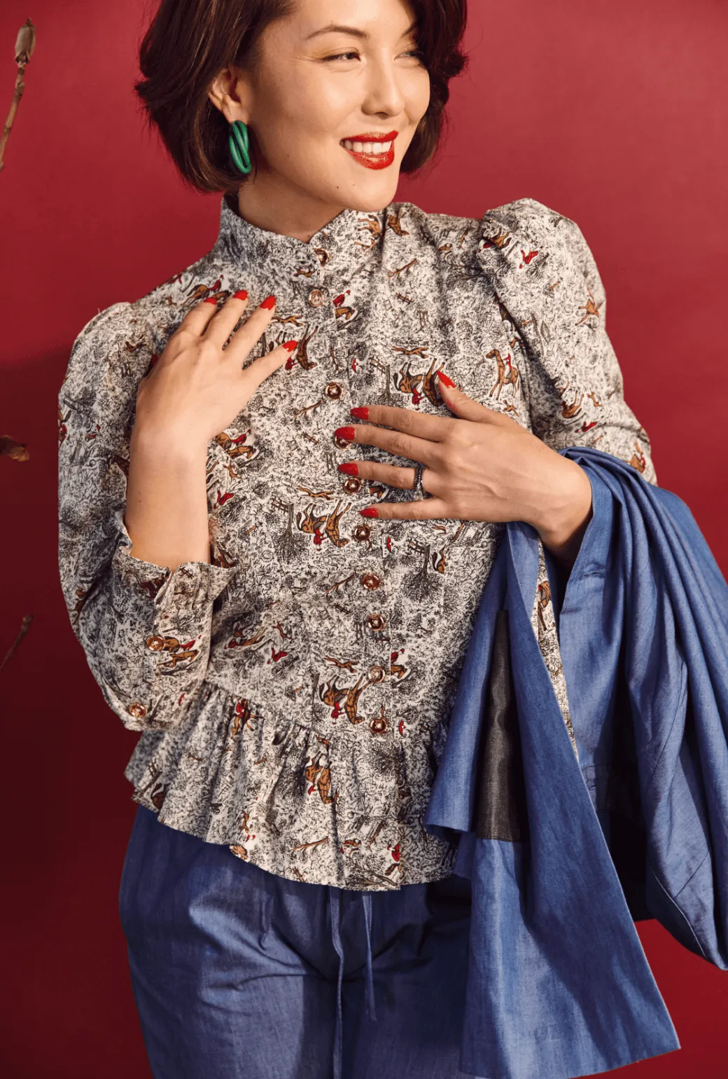SAMPLE Peplum Puff Sleeve Button Down - Horses
