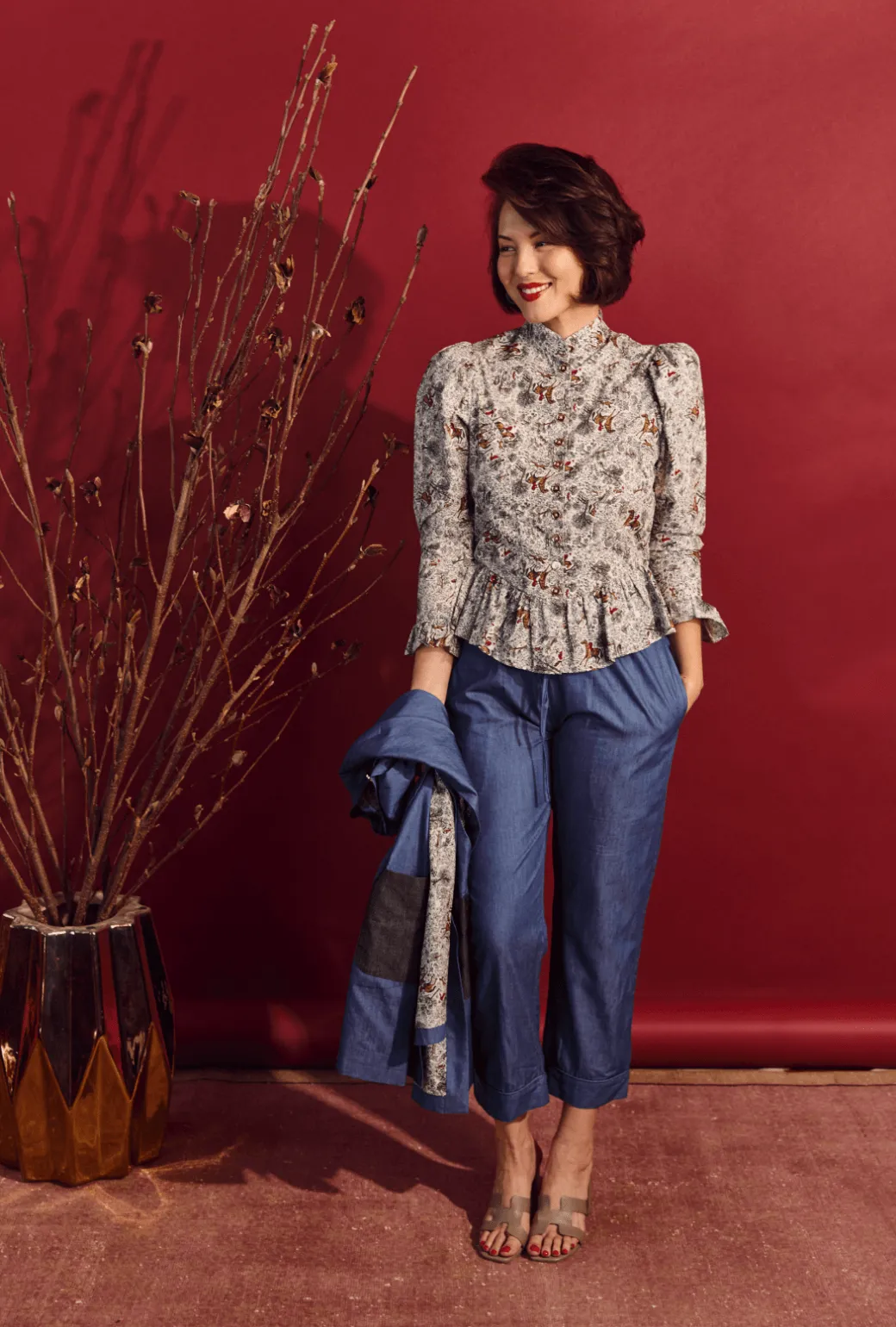 SAMPLE Peplum Puff Sleeve Button Down - Horses