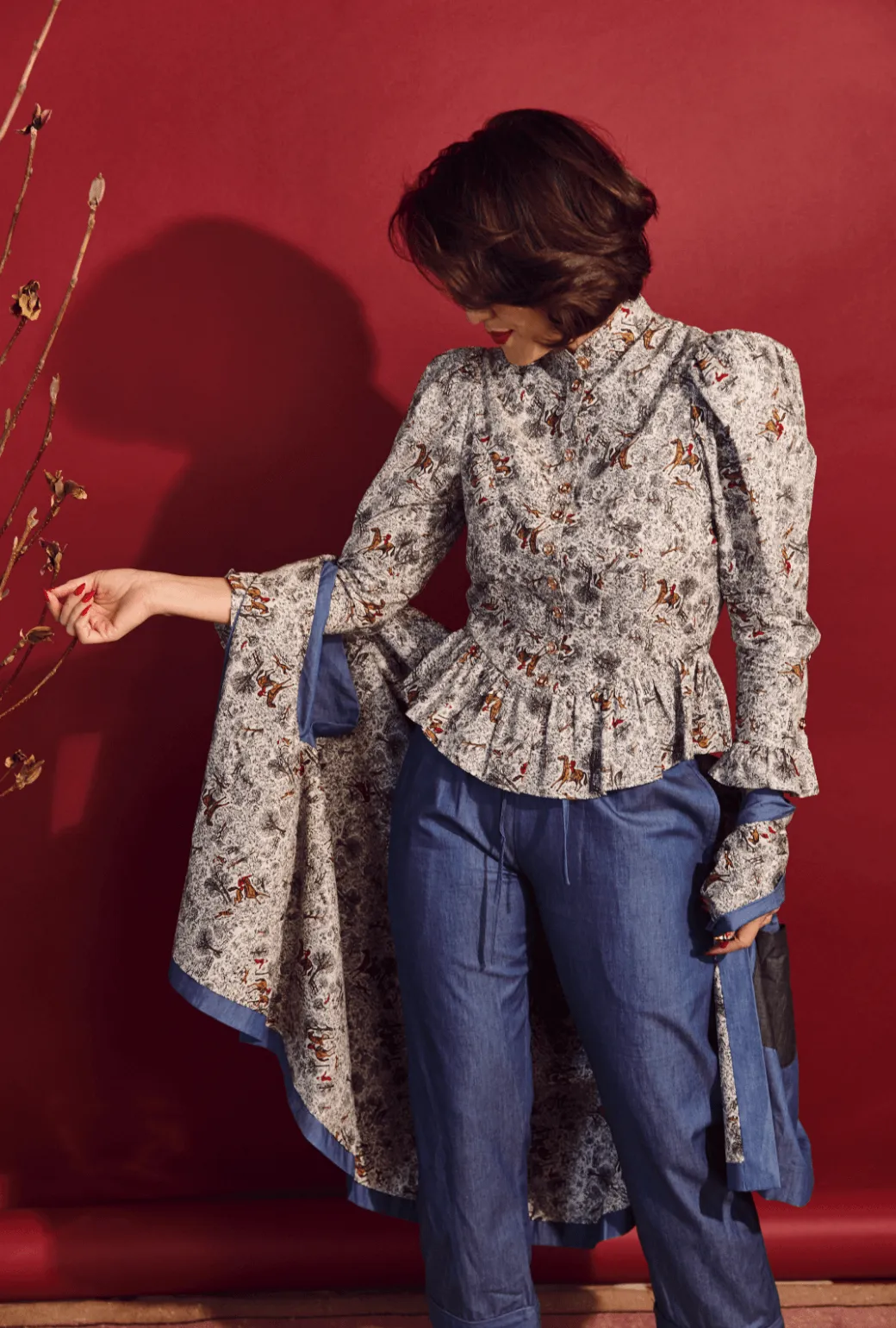 SAMPLE Peplum Puff Sleeve Button Down - Horses