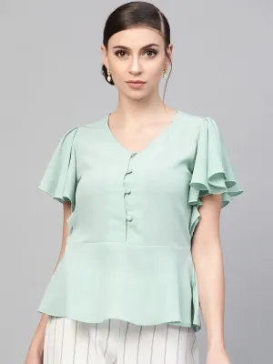 Sea Green Front Button Peplum Top