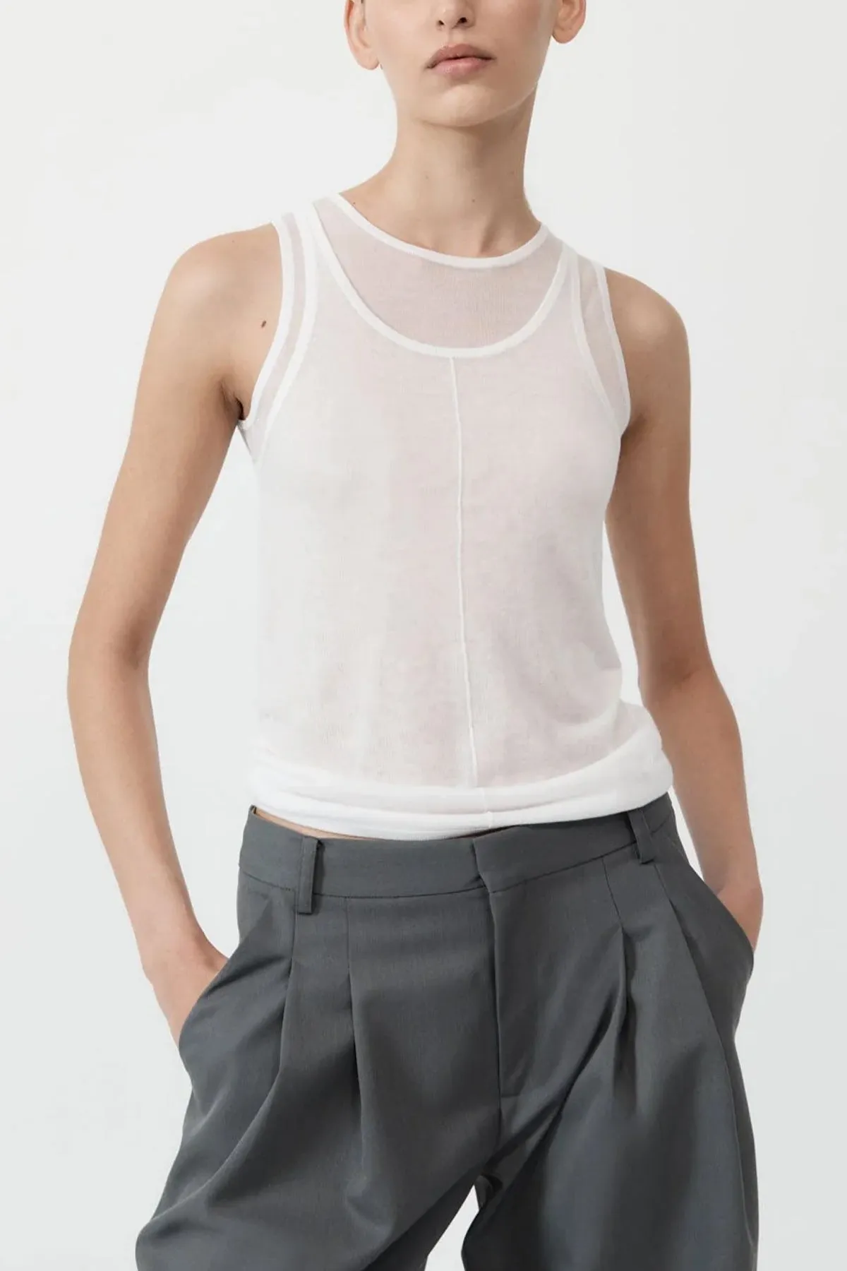 Semi Sheer Double Layer Tank in White