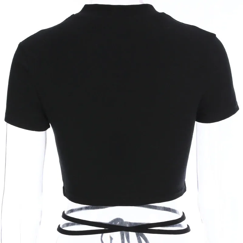 Sexy Belted Cropped Slim Black Shirt
