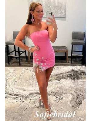 Sexy Pink Sweetheart Lace Up Sheath Mini Dresses/ Homecoming Dresses With Star Accessories, HD0249