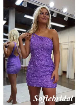 Sexy Purple Sequin One Shoulder Sheath Mini Dresses/ Homecoming Dresses, HD0246