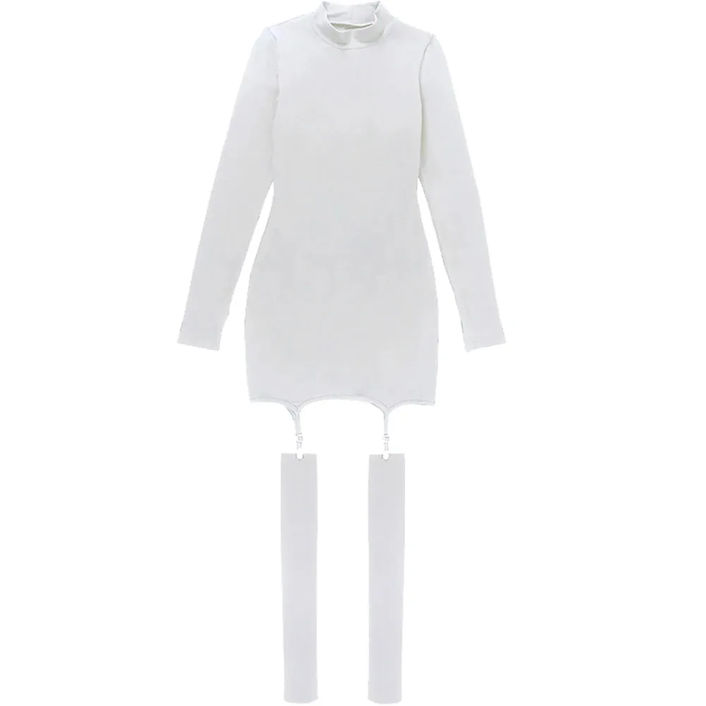 Sexy Women Mini Dress With Socks, Round Neck, Long Sleeve Bodycon Dress Casual Street Dress