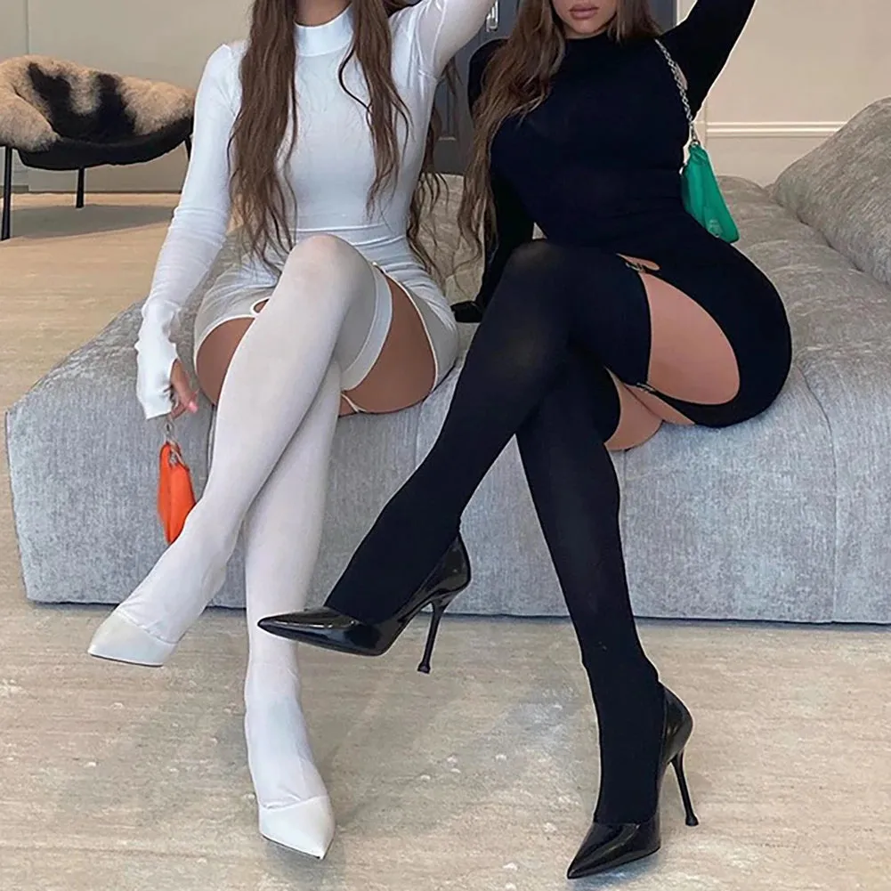 Sexy Women Mini Dress With Socks, Round Neck, Long Sleeve Bodycon Dress Casual Street Dress