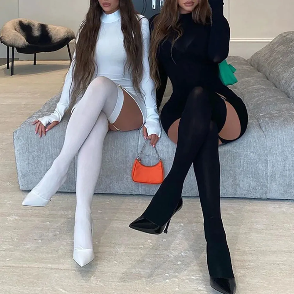 Sexy Women Mini Dress With Socks, Round Neck, Long Sleeve Bodycon Dress Casual Street Dress