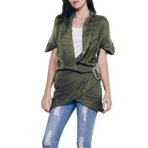 Shawl Collar Buckled Surplice Sweater Dress - Army Green S