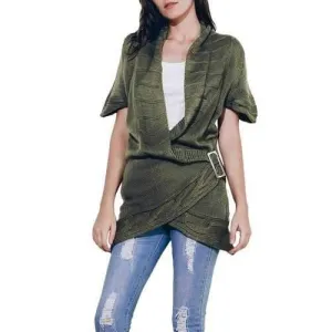 Shawl Collar Buckled Surplice Sweater Dress - Army Green S