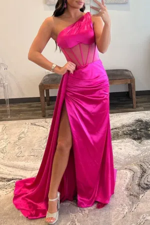 Sheath One Shoulder Pleated Satin Long Prom Dresses