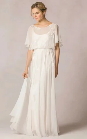 Sheath Scoop-Neck Floor-Length Poet-Sleeve Appliqued Chiffon Wedding Dresses with Pleats