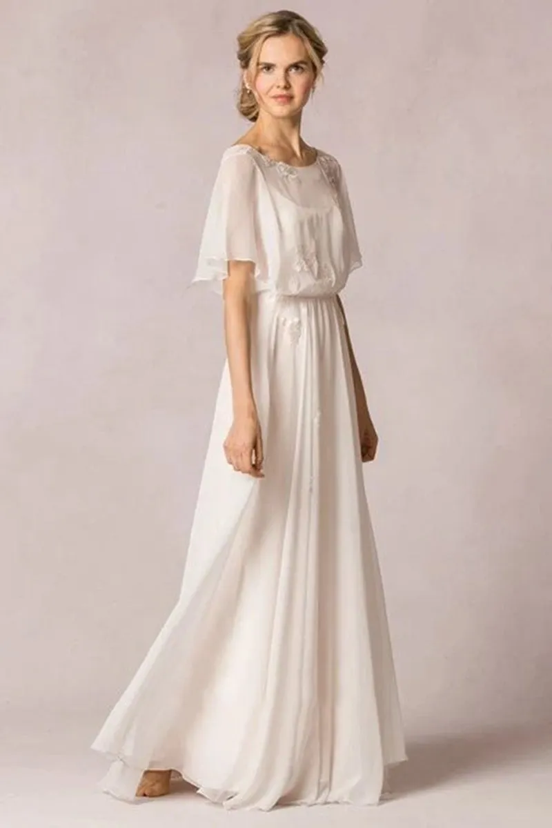Sheath Scoop-Neck Floor-Length Poet-Sleeve Appliqued Chiffon Wedding Dresses with Pleats