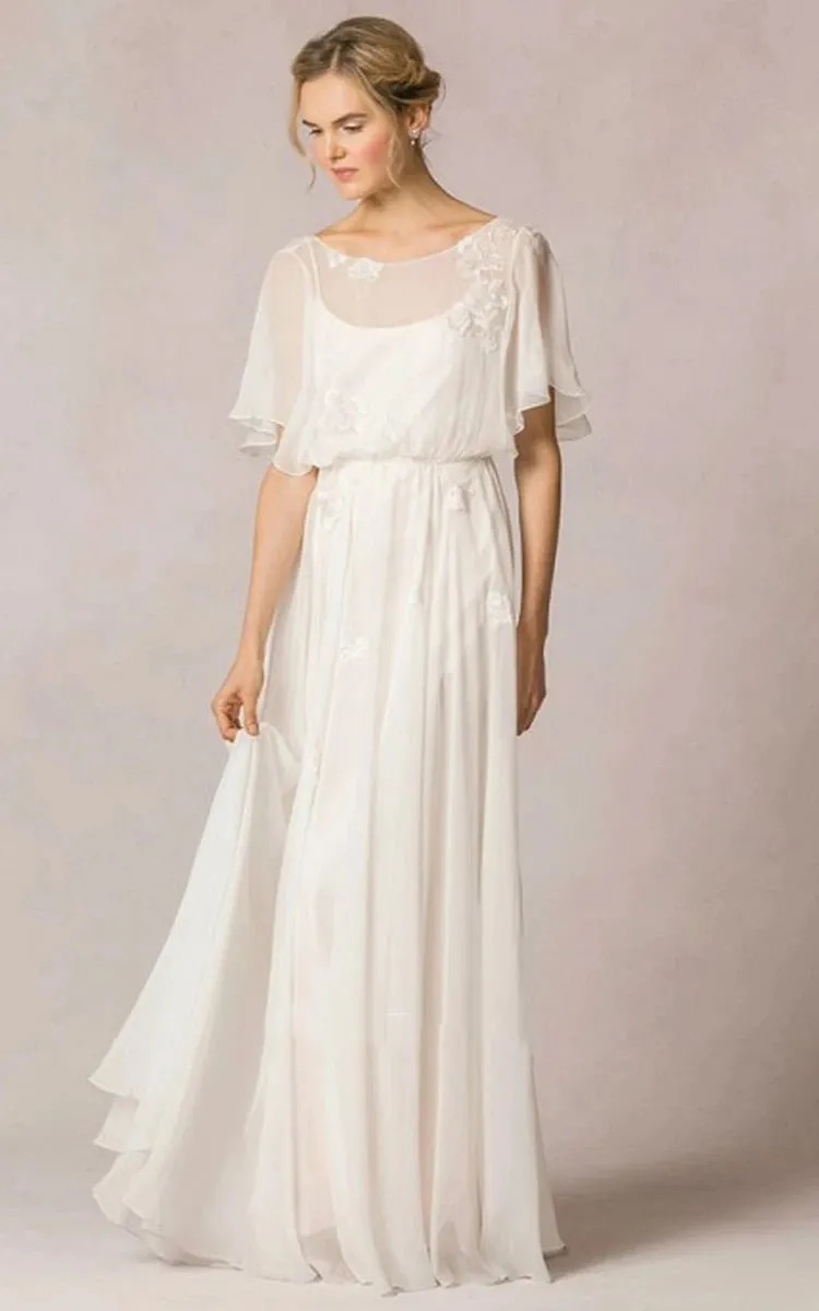 Sheath Scoop-Neck Floor-Length Poet-Sleeve Appliqued Chiffon Wedding Dresses with Pleats
