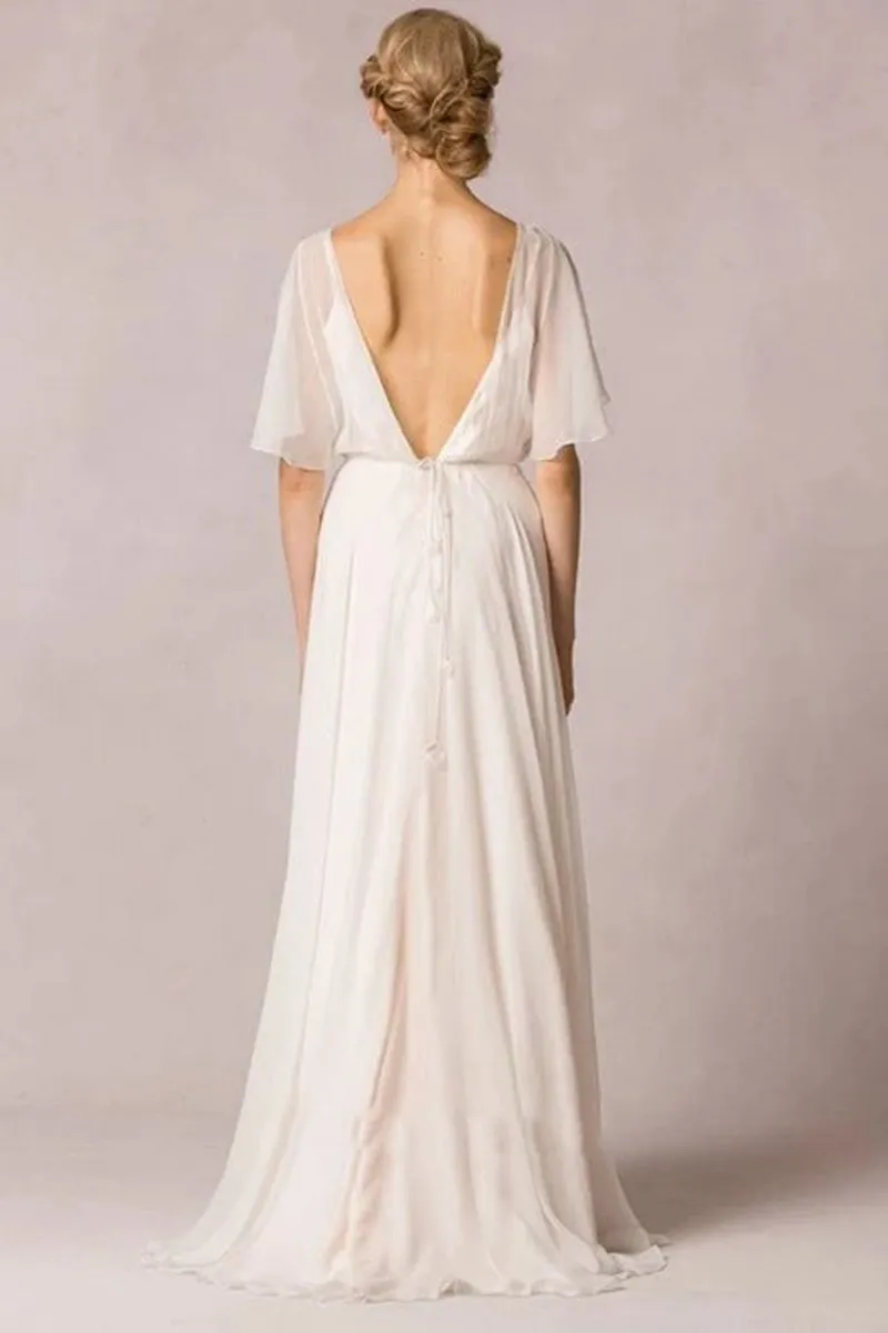 Sheath Scoop-Neck Floor-Length Poet-Sleeve Appliqued Chiffon Wedding Dresses with Pleats