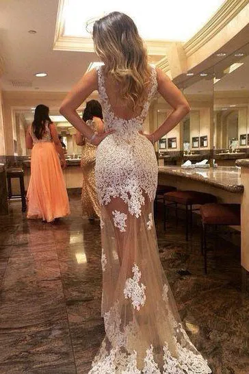 Sheath Scoop Tulle Long Backless Prom Dresses With White Lace Appliques OK578