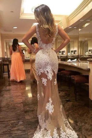 Sheath Scoop Tulle Long Backless Prom Dresses With White Lace Appliques OK578