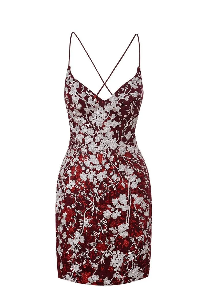Sheath Short Spaghetti Straps Lace Homecoming Dresses