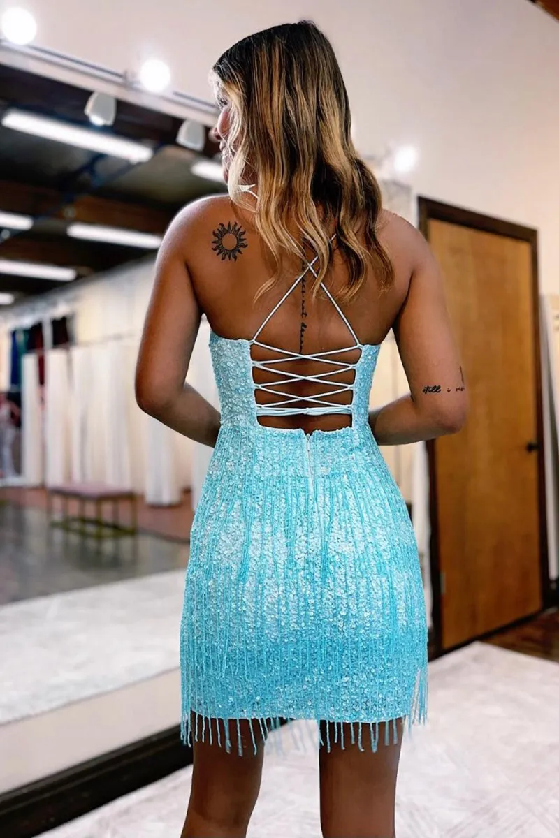 Sheath Spaghetti Straps Short Homecoming Dresses with Tassel