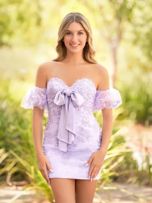 Sheath Sweetheart Lace Bow Short Homecoming Dresses with Puff Sleeves