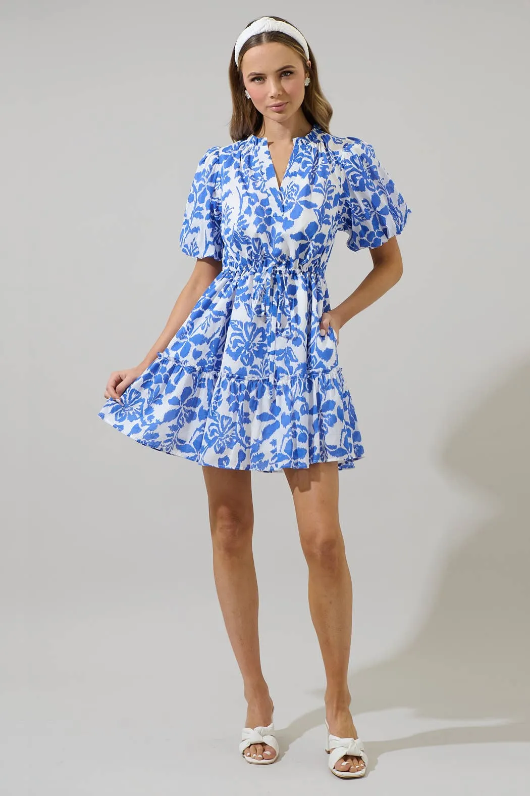 Shia Floral Noella Shift Mini Dress: White & Blue
