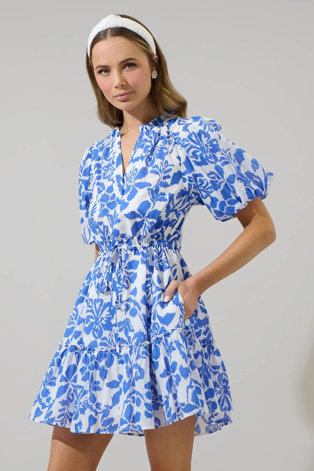 Shia Floral Noella Shift Mini Dress: White & Blue