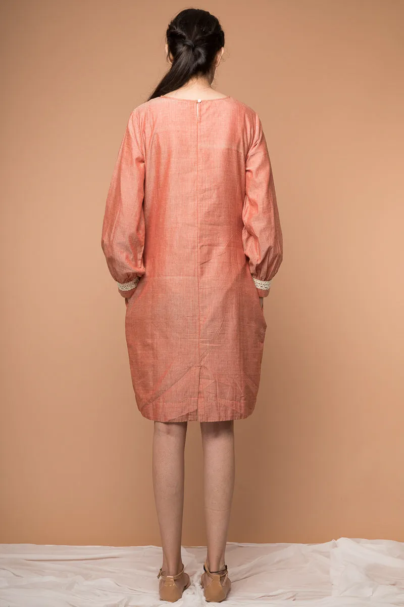 Shift dress with lace in Coral handwoven cotton from Sambalpur