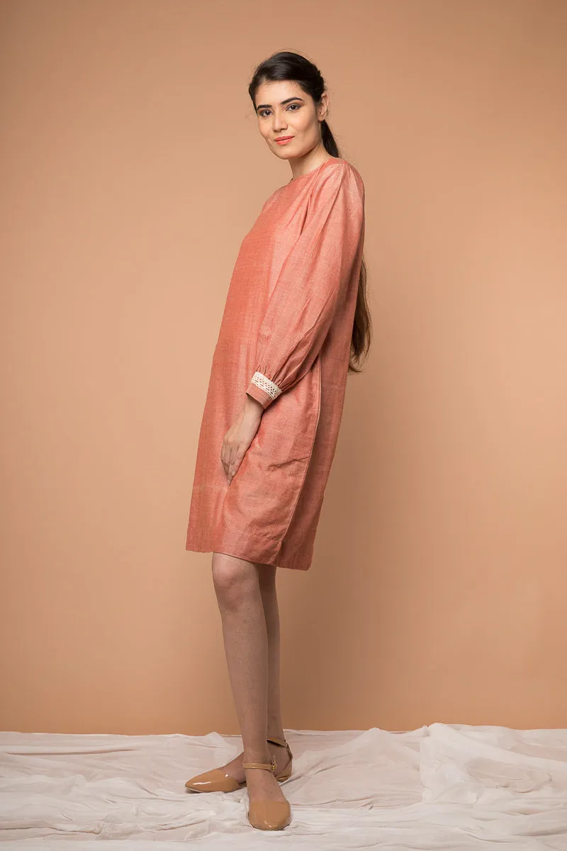 Shift dress with lace in Coral handwoven cotton from Sambalpur