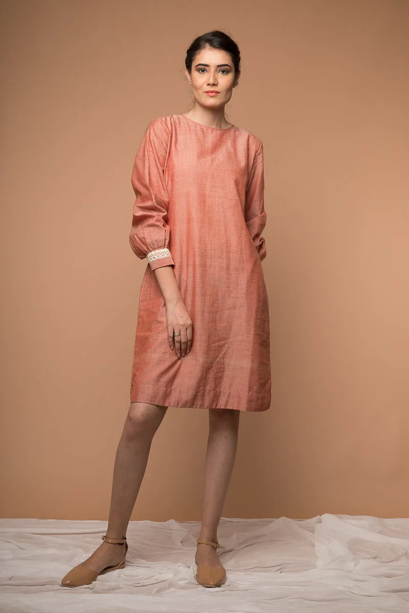 Shift dress with lace in Coral handwoven cotton from Sambalpur