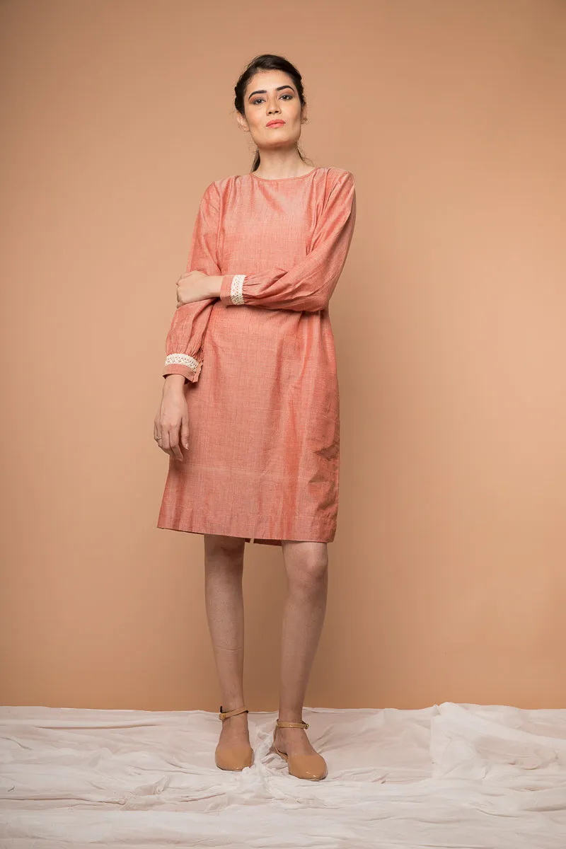 Shift dress with lace in Coral handwoven cotton from Sambalpur