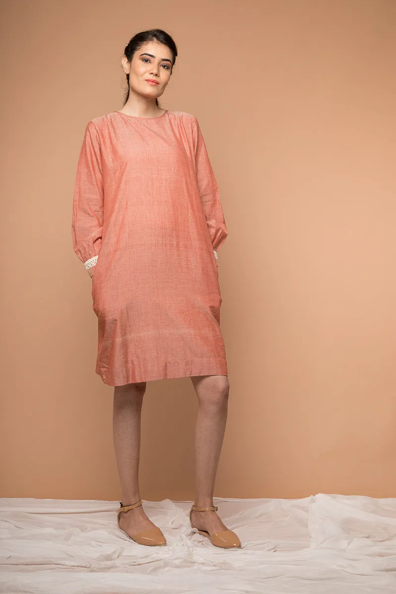 Shift dress with lace in Coral handwoven cotton from Sambalpur