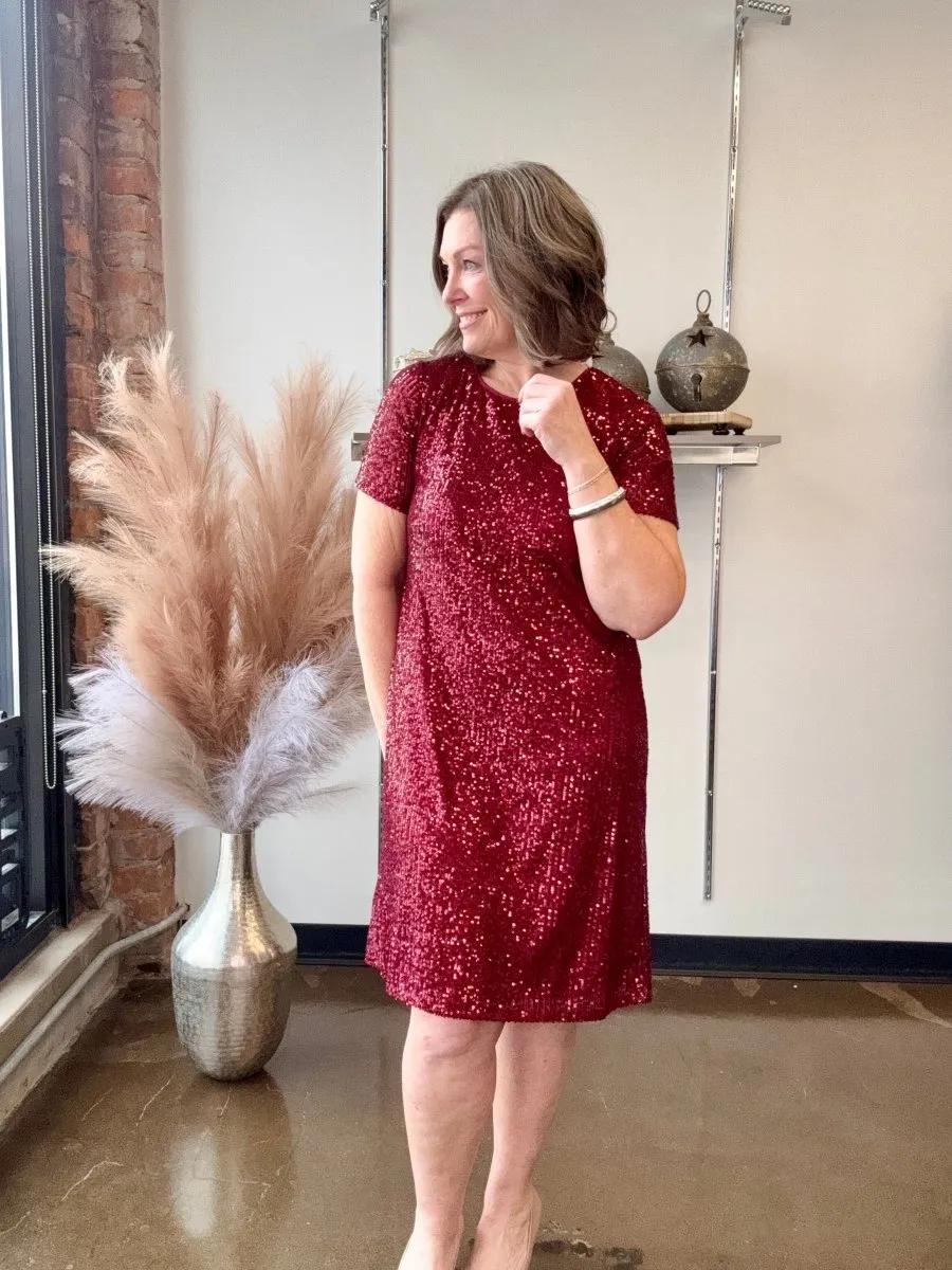 Short Sleeve Sequin Shift Dress