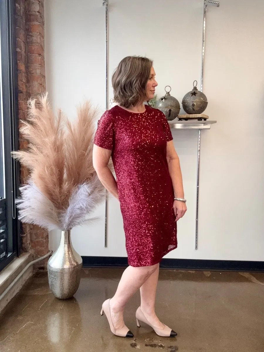 Short Sleeve Sequin Shift Dress