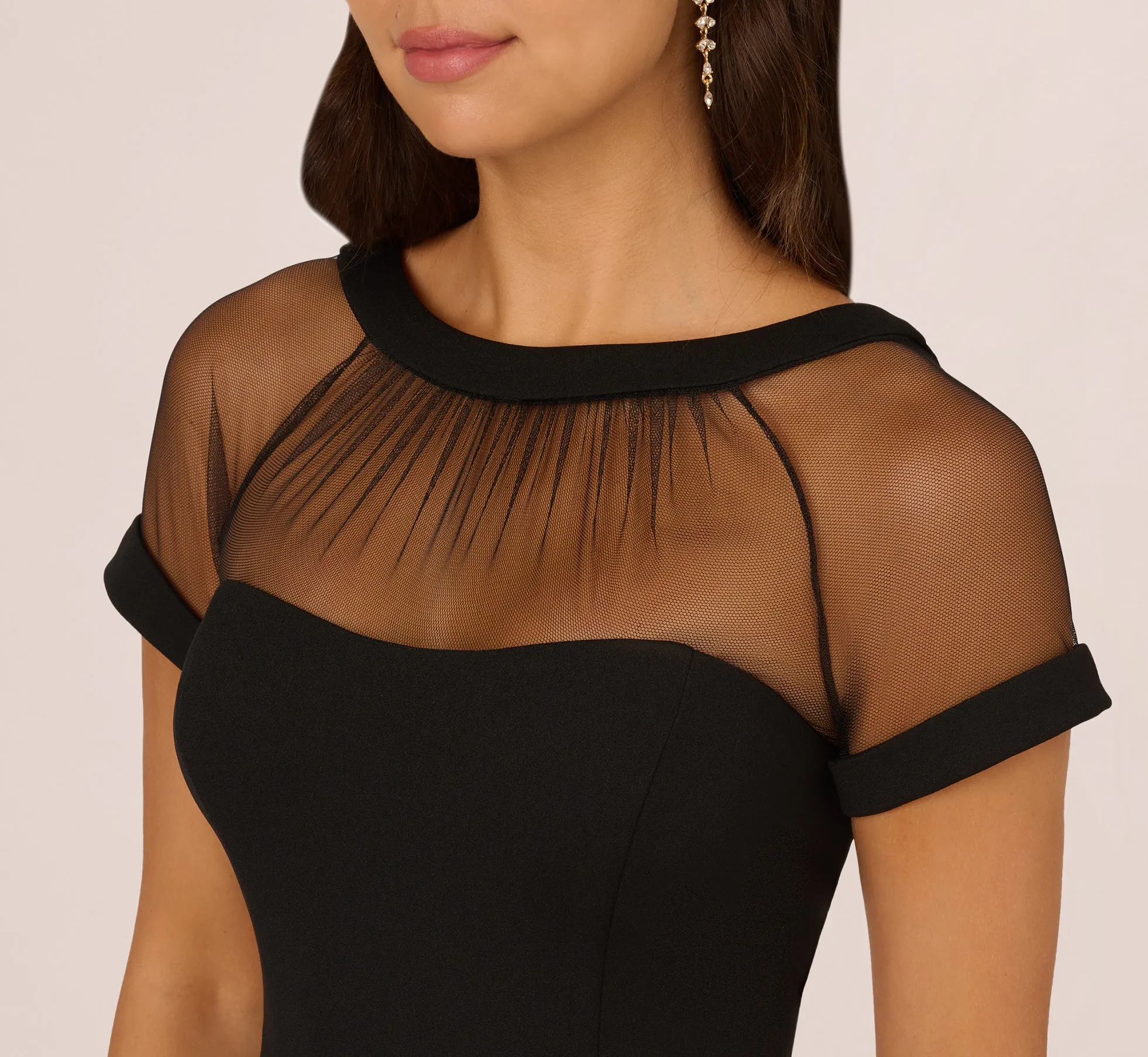 Short Sleeve Sheath Dress With Illusion Details In Black