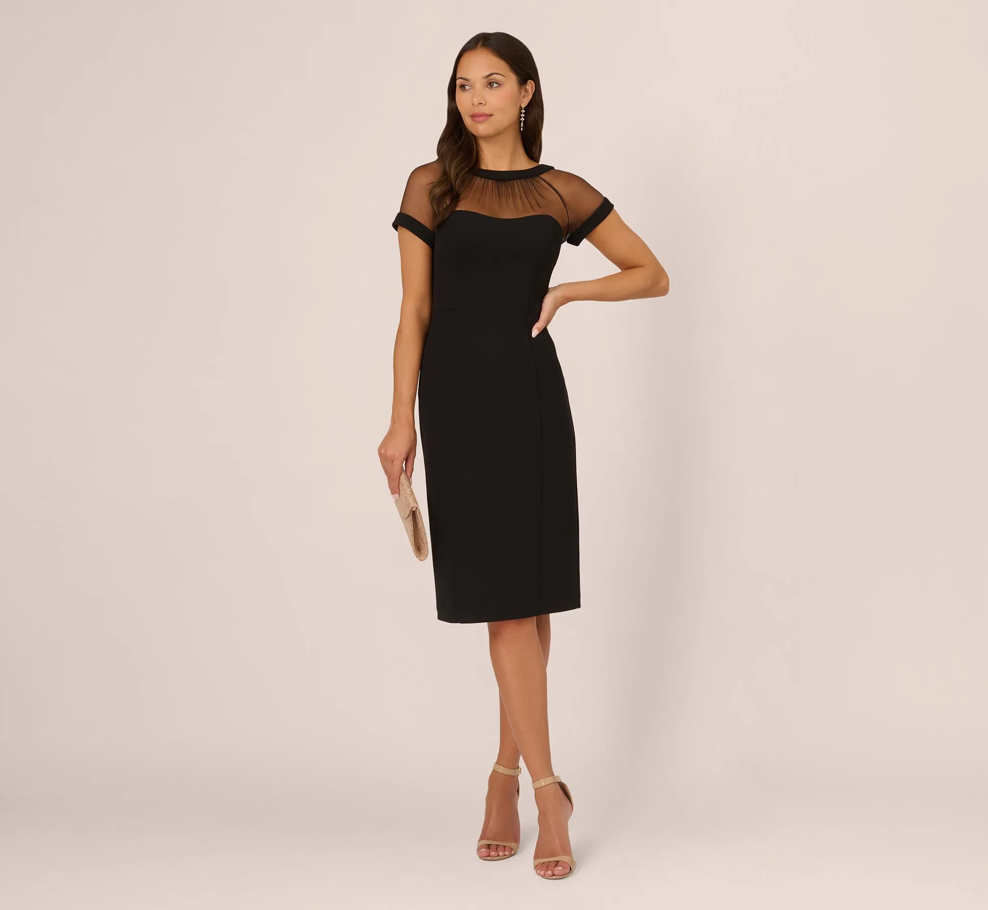 Short Sleeve Sheath Dress With Illusion Details In Black
