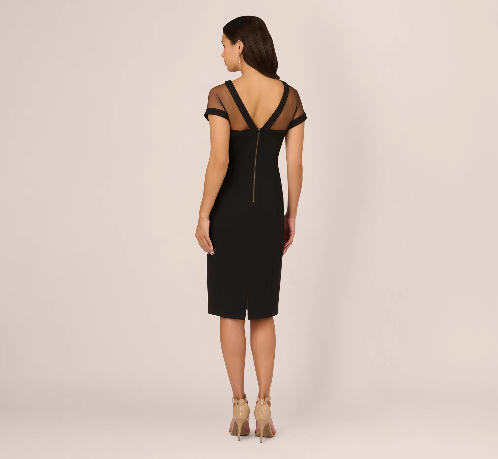 Short Sleeve Sheath Dress With Illusion Details In Black