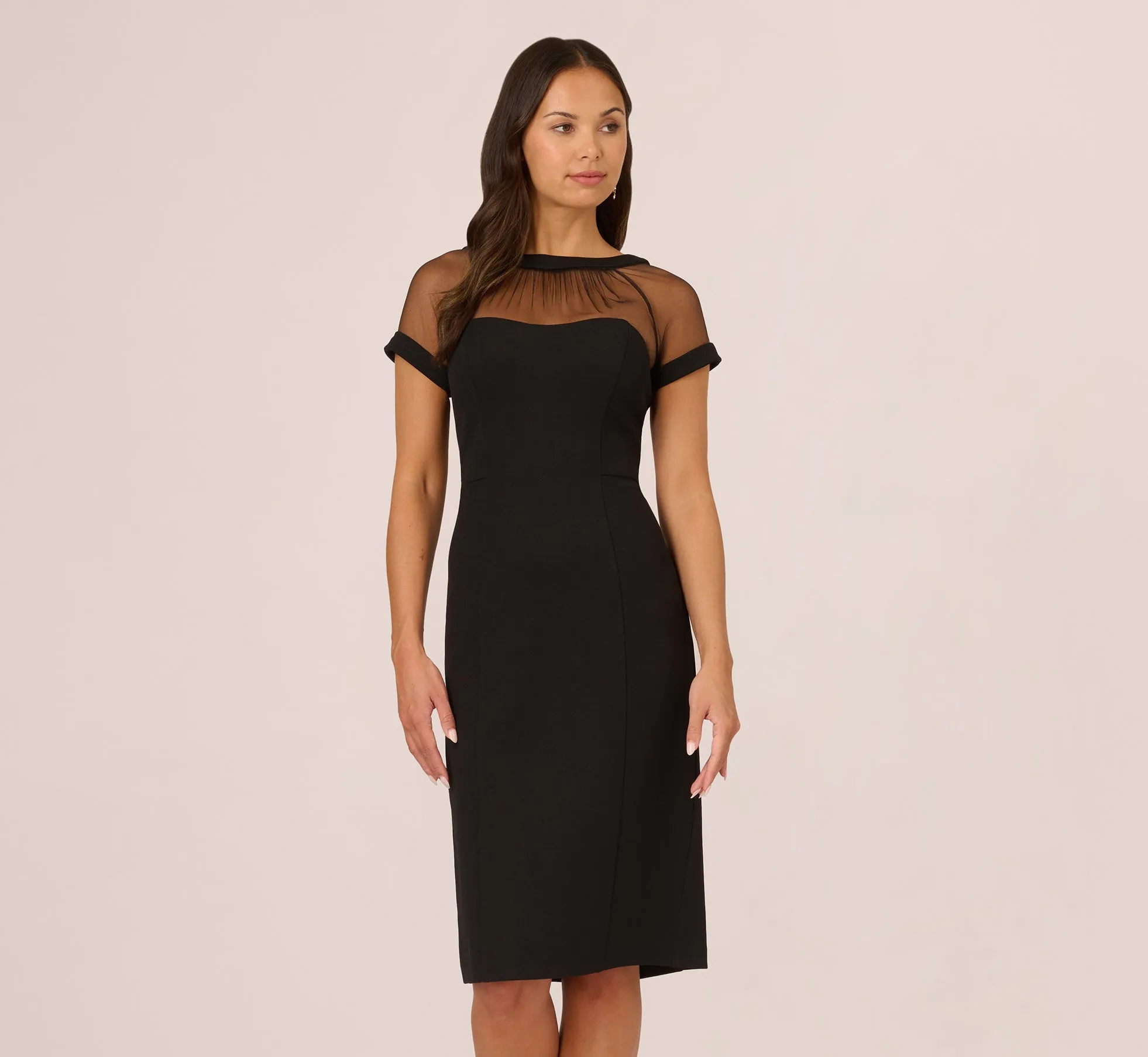 Short Sleeve Sheath Dress With Illusion Details In Black