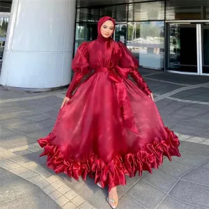 Simple Red Formal Prom Gowns Muslim High Neck Organza A-Line Ruffles Floor Length Evening Party Dress Event Dress