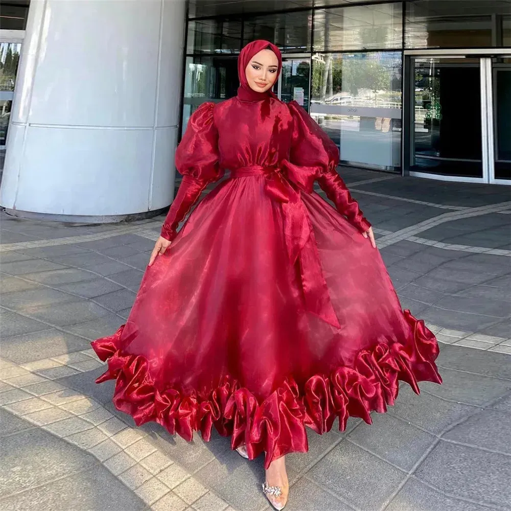 Simple Red Formal Prom Gowns Muslim High Neck Organza A-Line Ruffles Floor Length Evening Party Dress Event Dress