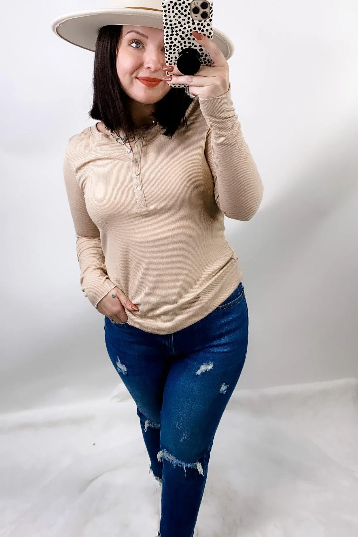 Simplicity Is Key- RESTOCKED {White, Black, Beige, Mauve & Sage} Ribbed Long Sleeve Henley w/ Buttons